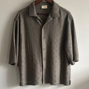 YoungLA Gray Textured Knit Button Up Shirt XL Openwork Short Sleeve